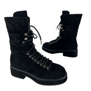 Chanel CC Suede Quilted Lace Up Combat Cap Toe Boots in Black